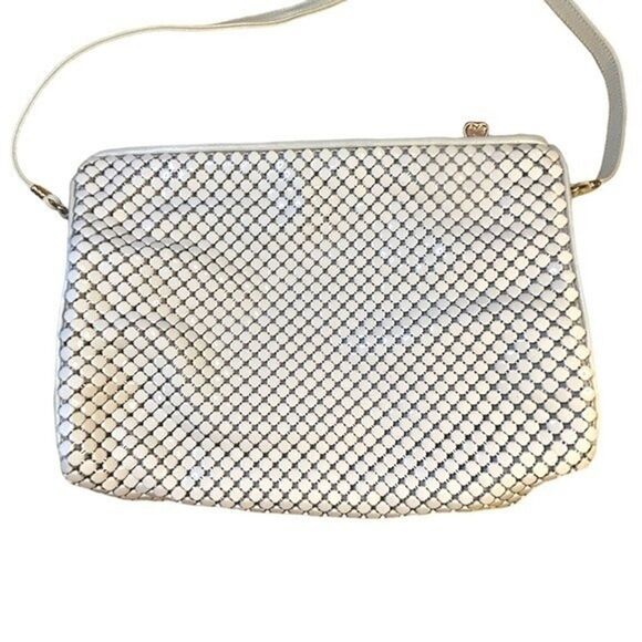 Whiting & Davis Vintage Cream Metal Mesh & Leather Handbag Purse Evening Bag - Picture 4 of 13